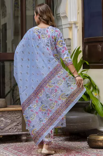 blue cotton blend kurta pant set with floral print