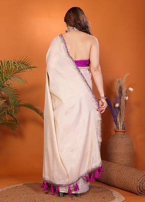 off white cotton silk saree with embroidery tassels 2