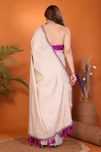off white cotton silk saree with embroidery tassels