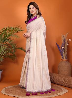 off white cotton silk saree with embroidery tassels 3