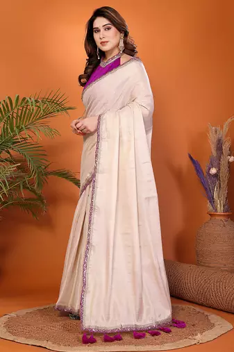 off white cotton silk saree with embroidery tassels