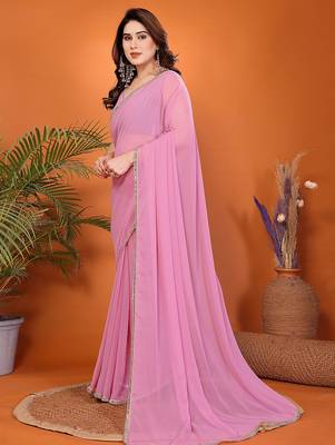 pink georgette saree with woven ethnic border style 3