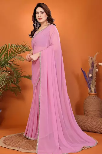 pink georgette saree with woven ethnic border style