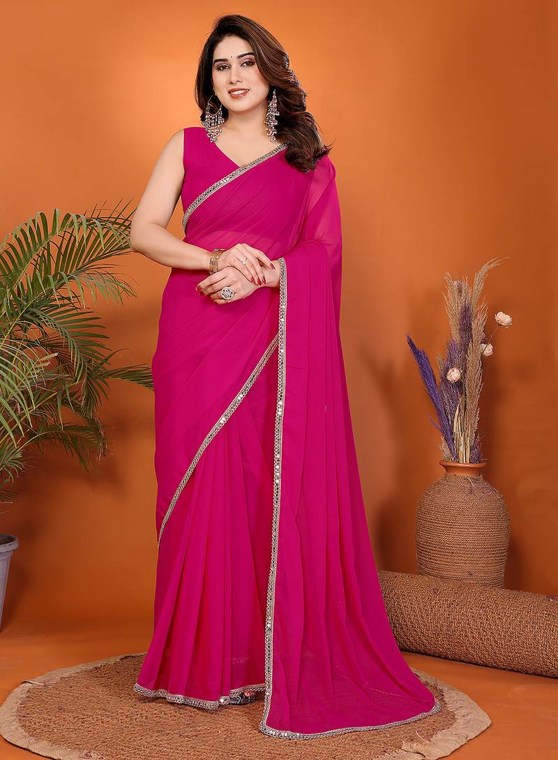 Women solid/plain embellished bollywood georgette saree with blouse