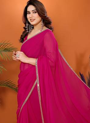 rani pink georgette saree with woven border design set 4