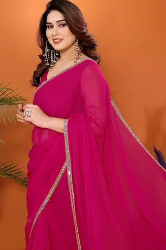 rani pink georgette saree with woven border design set