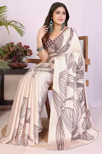 white satin saree with printed ethnic pattern design