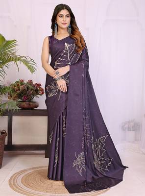 purple satin saree with printed pattern design 1
