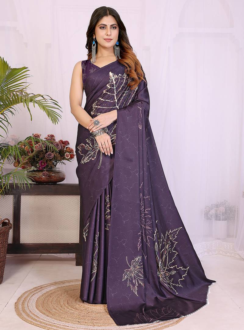 Women printed daily wear satin saree with blouse