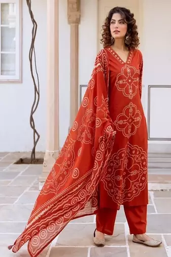 Floral embroidered pure cotton v neck kurta trouser & dupatta set