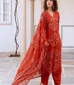 Floral embroidered pure cotton v neck kurta trouser & dupatta set