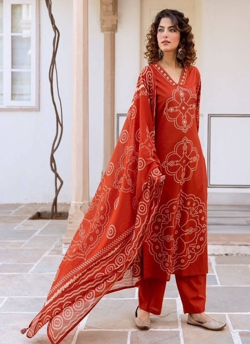 Floral embroidered pure cotton v neck kurta trouser & dupatta set