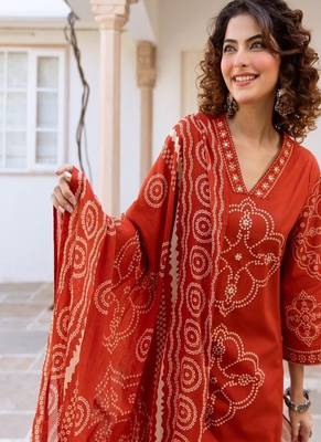 rust red floral embroidered cotton kurta set with dupatta 2
