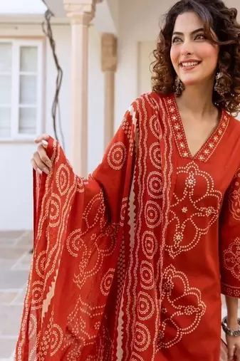 rust red floral embroidered cotton kurta set with dupatta