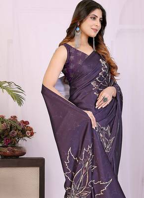 purple satin saree with printed pattern design 2