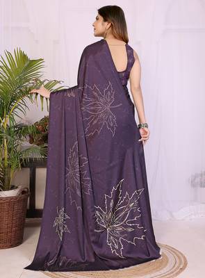 purple satin saree with printed pattern design 3