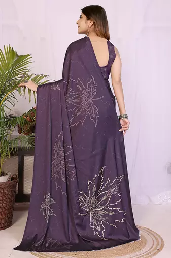 purple satin saree with printed pattern design