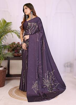 purple satin saree with printed pattern design 4