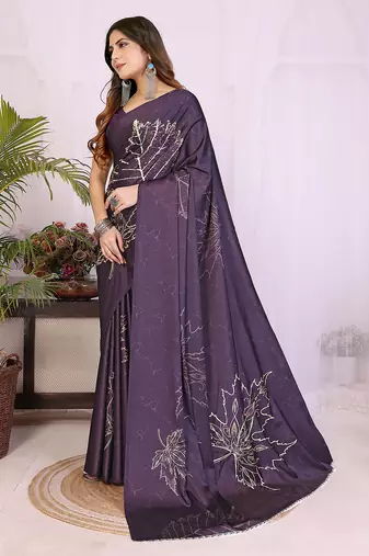purple satin saree with printed pattern design