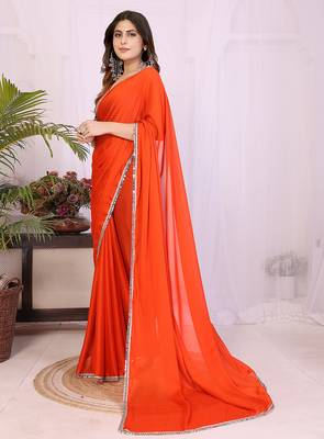 orange georgette saree with woven border design 4