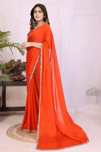 orange georgette saree with woven border design