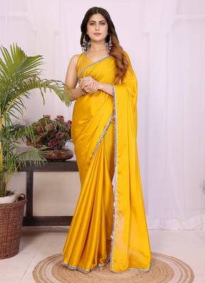 yellow georgette saree with hand woven blouse set 1