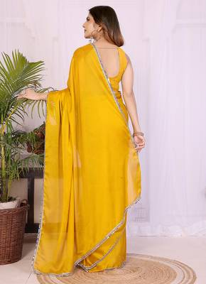 yellow georgette saree with hand woven blouse set 2