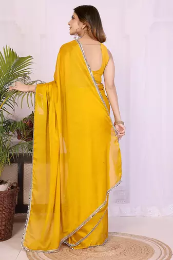 yellow georgette saree with hand woven blouse set