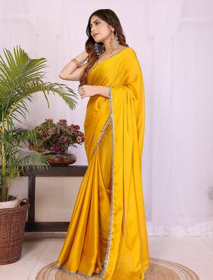 yellow georgette saree with hand woven blouse set 3