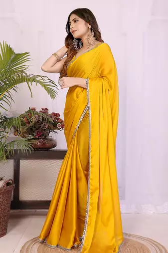 yellow georgette saree with hand woven blouse set