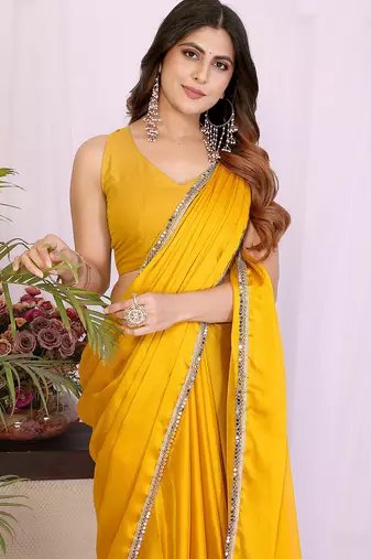 yellow georgette saree with hand woven blouse set