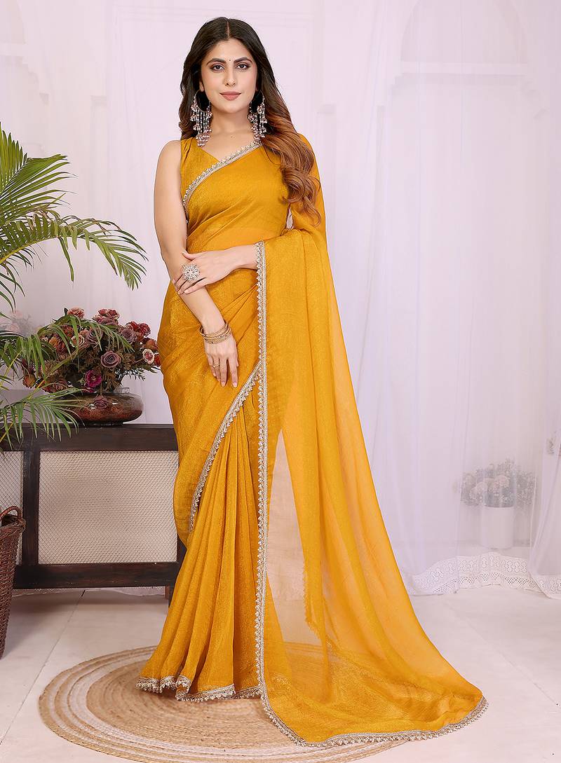 Women solid/plain embellished bollywood tissue saree with blouse