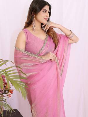 pink tissue silk saree with woven border design 4