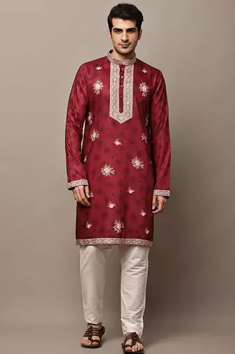 Men's maroon floral printed kurta with embroidered neck panel kurta set
