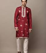 Men's maroon floral printed kurta with embroidered neck panel kurta set
