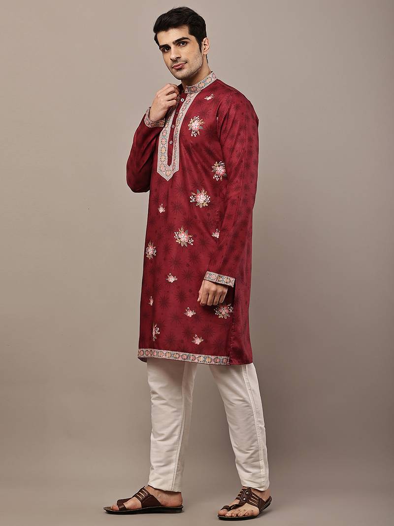 Men's maroon floral printed kurta with embroidered neck panel kurta set