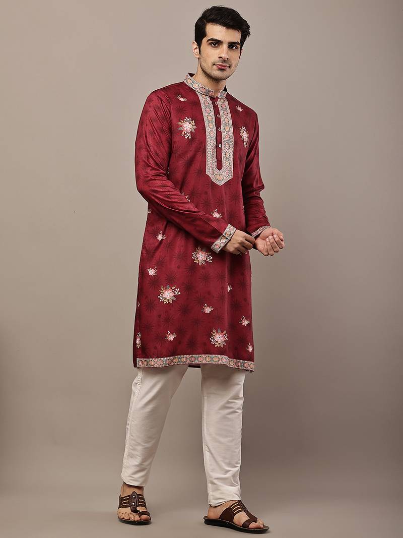 Men's maroon floral printed kurta with embroidered neck panel kurta set