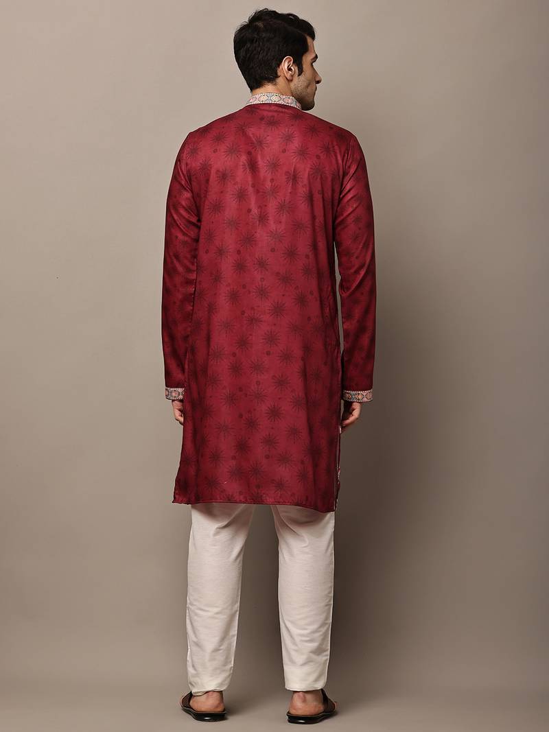 Men's maroon floral printed kurta with embroidered neck panel kurta set