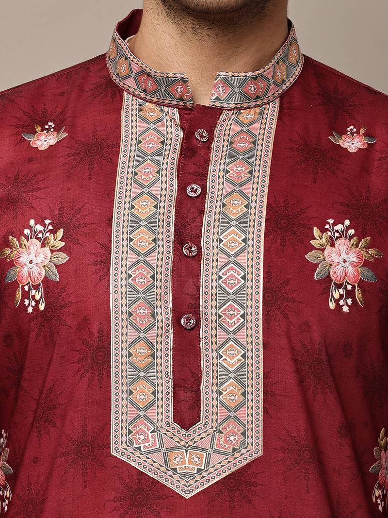 Men's maroon floral printed kurta with embroidered neck panel kurta set