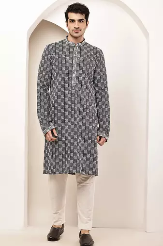 Men’s black & white embroidered kurta pyjama set