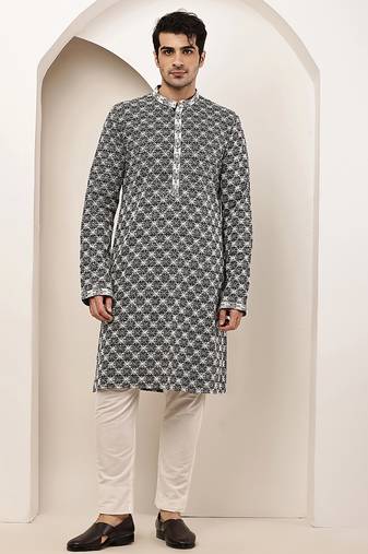 Men’s black & white embroidered kurta pyjama set