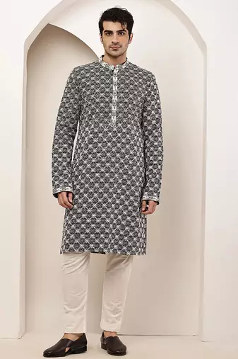 Men’s black & white embroidered kurta pyjama set