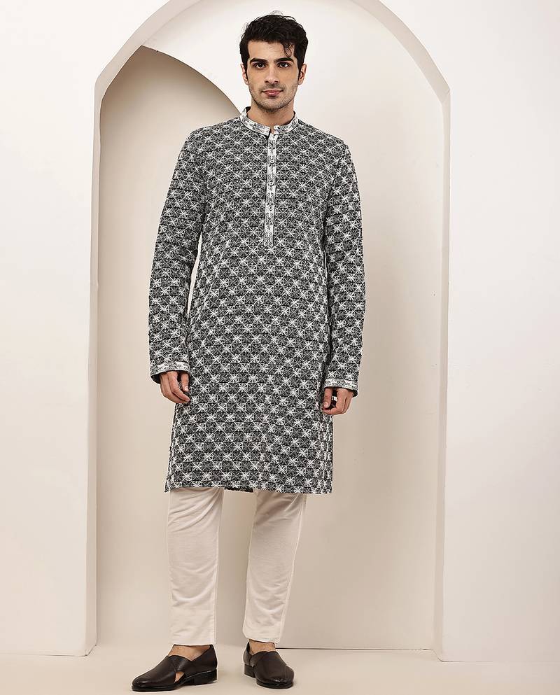 Men’s black & white embroidered kurta pyjama set