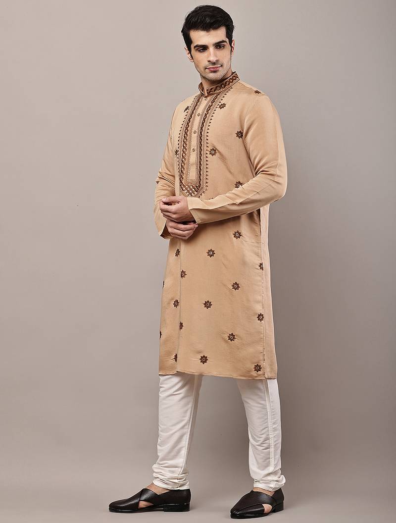 Men’s brown embroidered kurta pyjama set