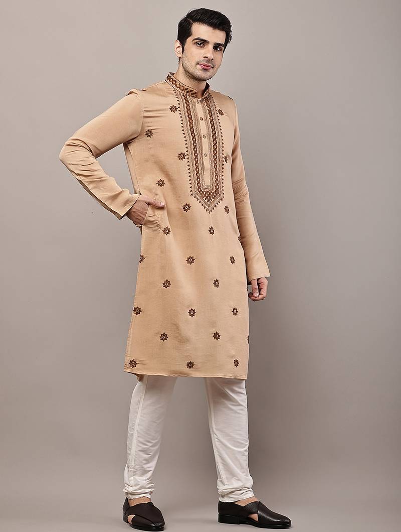 Men’s brown embroidered kurta pyjama set
