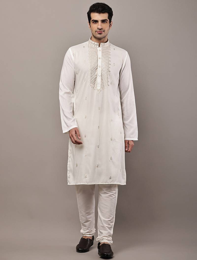 Men’s cream embroidered kurta pyjama set