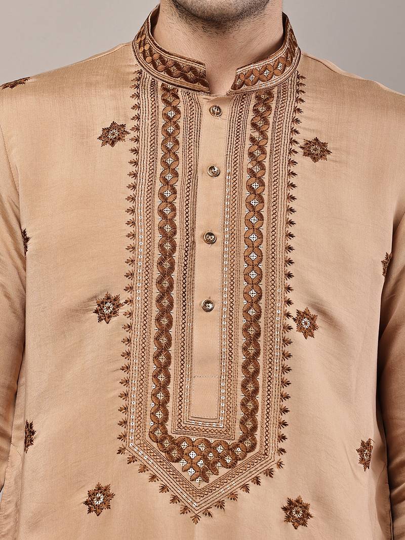 Men’s brown embroidered kurta pyjama set