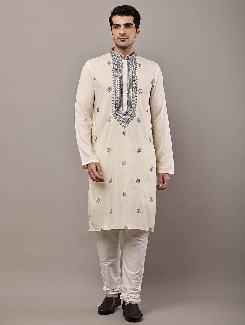 Men’s cream embroidered kurta pyjama set