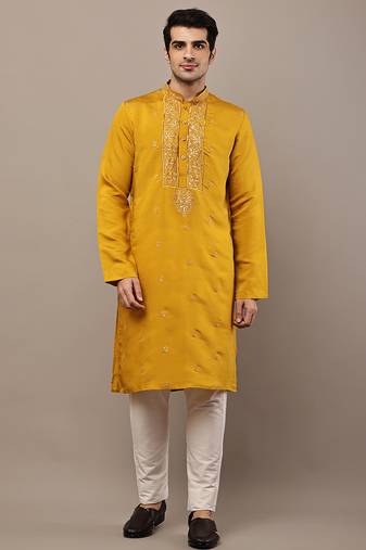 Men’s mustard embroidered kurta pyjama set