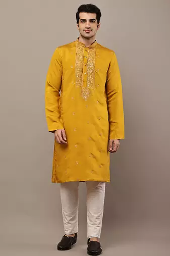 Men’s mustard embroidered kurta pyjama set